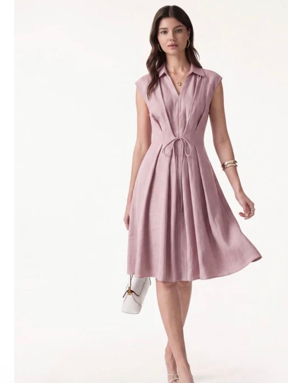 OGL Soft Pink Collared V-Neck Midi Dress Drawstring Waist Small S New